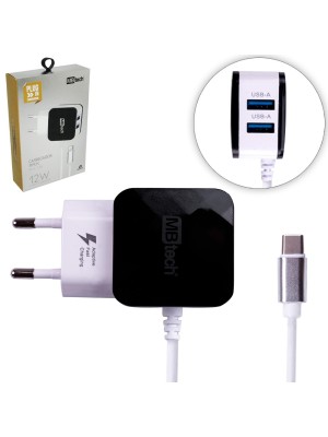 CARREGADOR DE TOMADA 12W 2.1A SAIDA TIPO-C C/2 ENTRADAS USB UN. MB TECH
