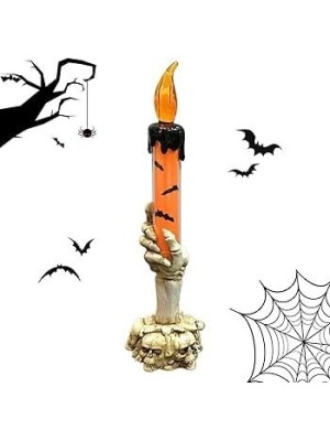 Castiçal LED Mão Caveira 20,5cm – Decoração de Halloween com Iluminação Assustadora para Casas, Festas e Ambientes Temáticos