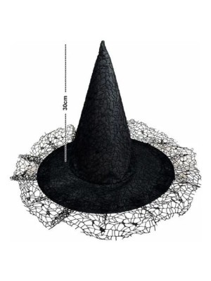 Chapéu de Bruxa Preto com Estampa de Teias – Fantasia Halloween Adulto e Infantil Acessório Decorativo