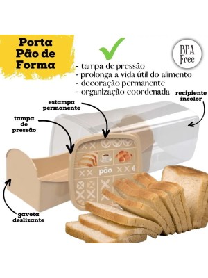 Porta Pão de Forma Plasútil Decora com Tampa Click 32,6cm Livre de BPA