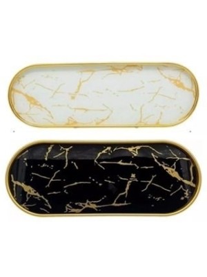 Bandeja Decorativa Oval Mármore em Vidro e Alumínio 30cm Decoracao Sofisticada