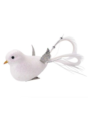 Enfeite Natalino Pássaro Branco com Glitter 12×4 cm – Decoração de Natal em Poliéster para Árvore, Guirlandas e Arranjos