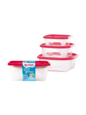 Conjunto São Paulo com 3 Potes Jaguar – Potes Plásticos com Tampa Vermelha, Corpo Transparente, Empilháveis e Ideais para Geladeira e Freezer