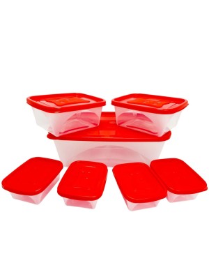 Kit com 7 Potes Plásticos Retangulares com Tampa Vermelha Potes Organizadores para Geladeira, Freezer e Marmita, Corpo Translúcido e Fechamento Seguro