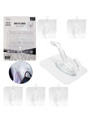 Cabide Duplo de Parede Transparente com Adesivo Forte – Kit 6 Peças para Organização sem Furo