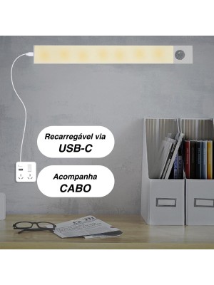 Sensor de LED 20cm Recarregável com Luz Automática – Luminária Portátil USB para Armários, Gavetas, Corredores, Quartos e Cozinhas