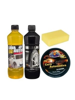 Kit Especial Automotivo 4 em 1 com Cera em Lata, Lava Autos, Brilha Pneu e Esponja para Limpeza Completa